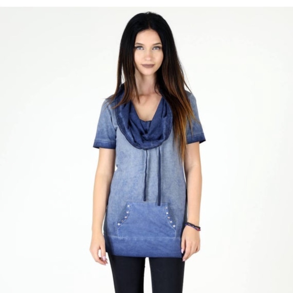 ACID Wash Cowl Neck Tunic Top - Picture 3 of 4